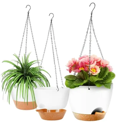 White & Brown Self-Watering Hanging Planters